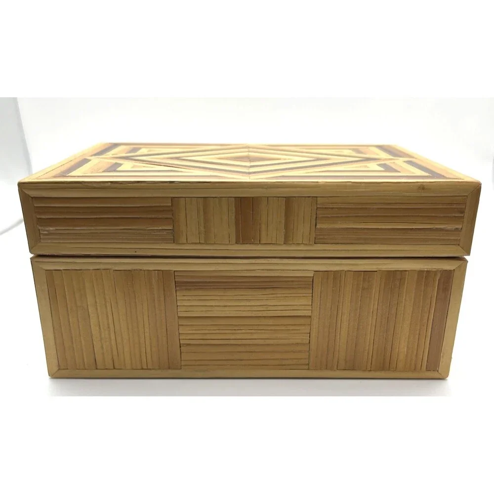 Handmade Bamboo Wood Inlaid Trinket Jewelry Box Geometric Marquetry Boho 6